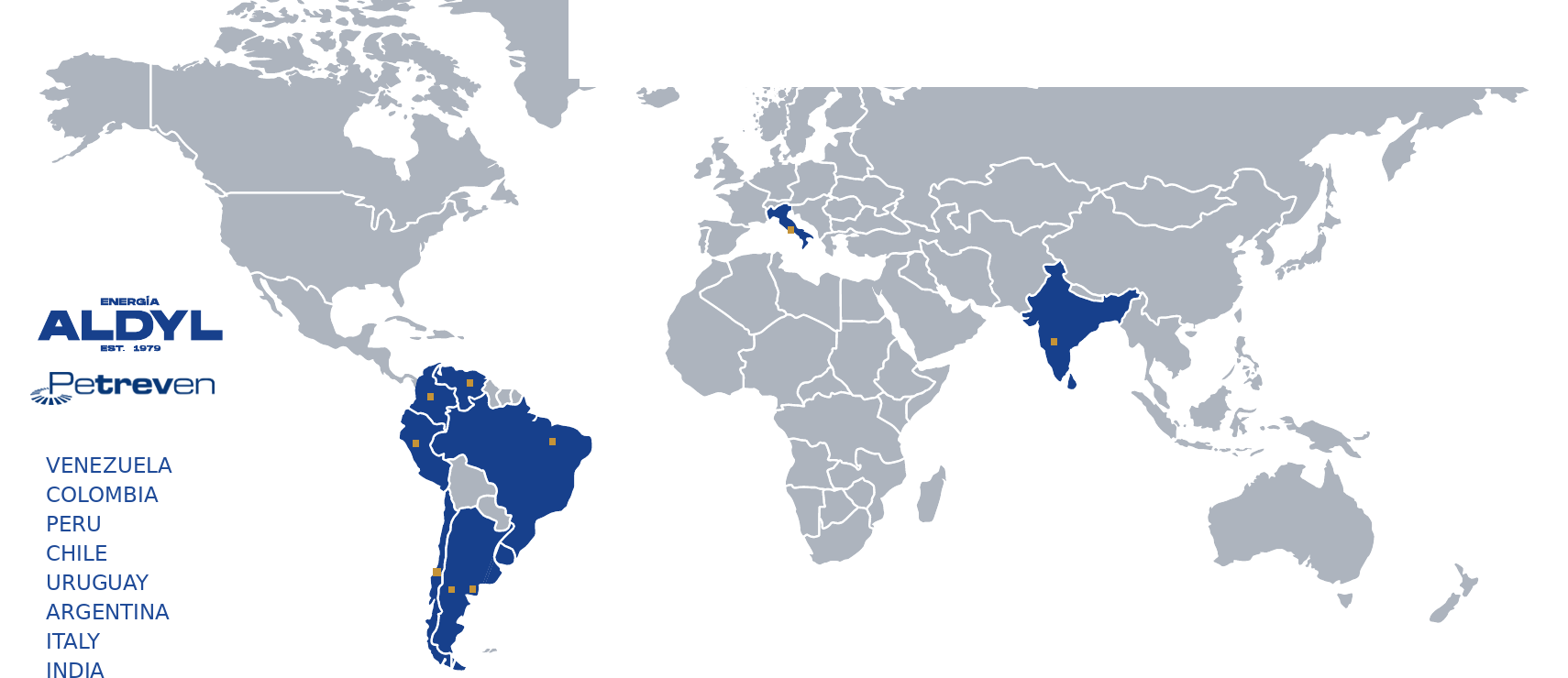 Aldyl and Petreven regional presence map: Venezuela, Colombia, Peru, Chile, Uruguay, Argentina, Italy and India