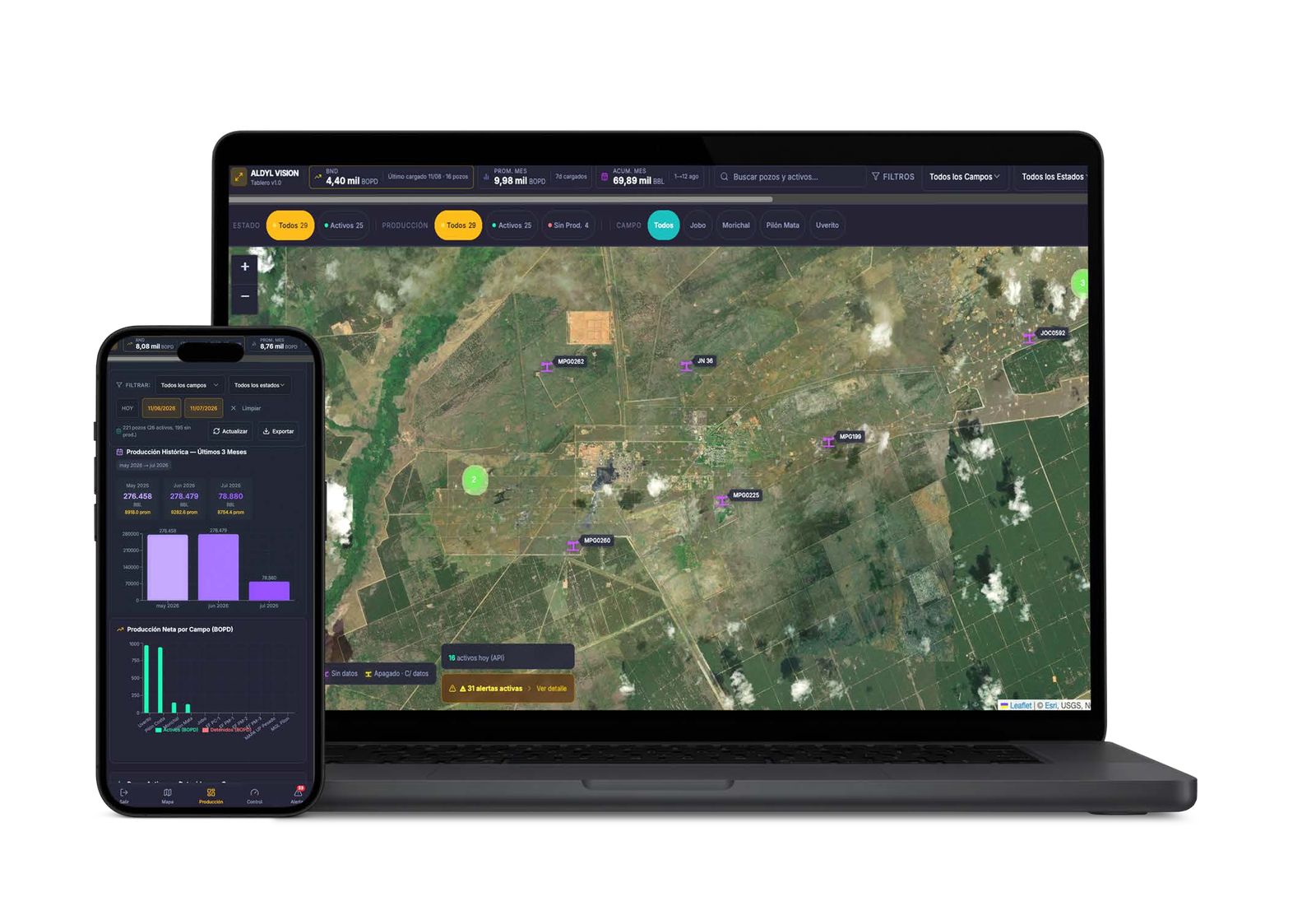 Barriles platform on a mobile phone and a laptop showing the operation's satellite map